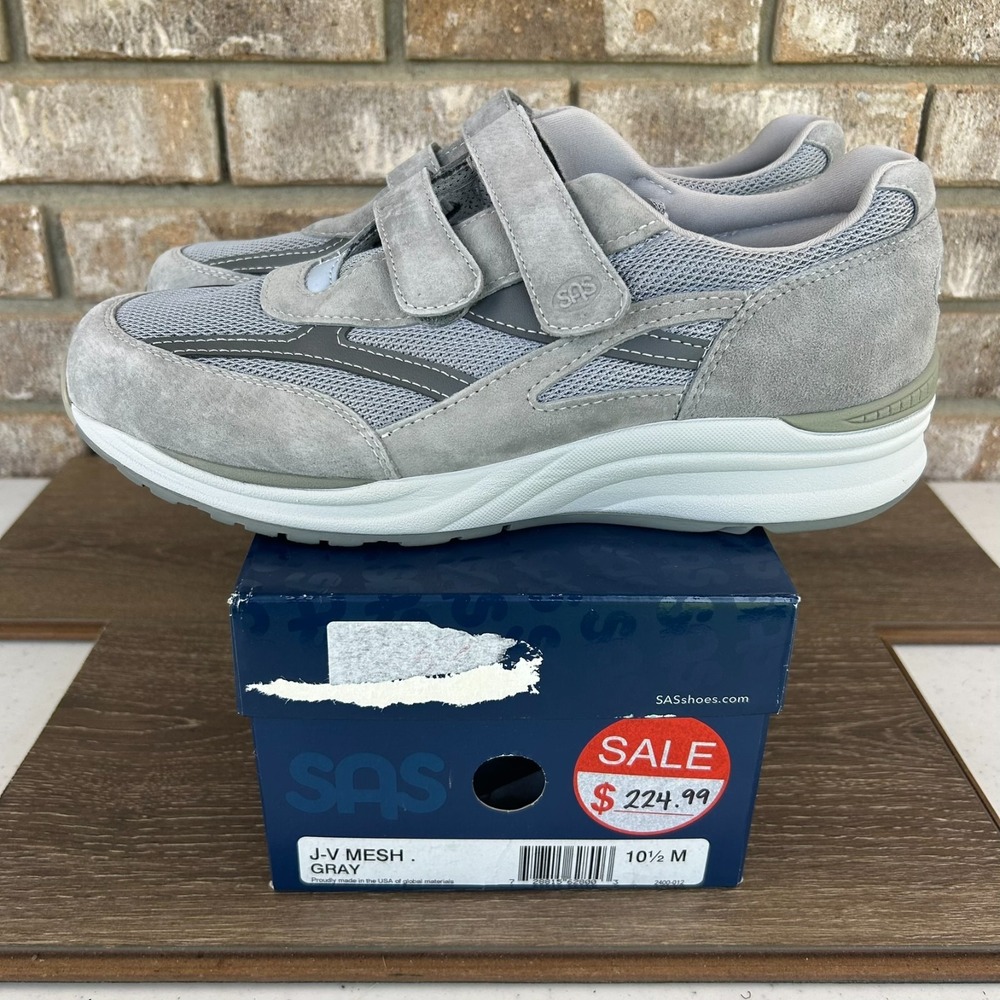 SAS JV Mesh Sneaker Shoes Mens 10.5M Gray Comfort Walking Hook and Loop NEW